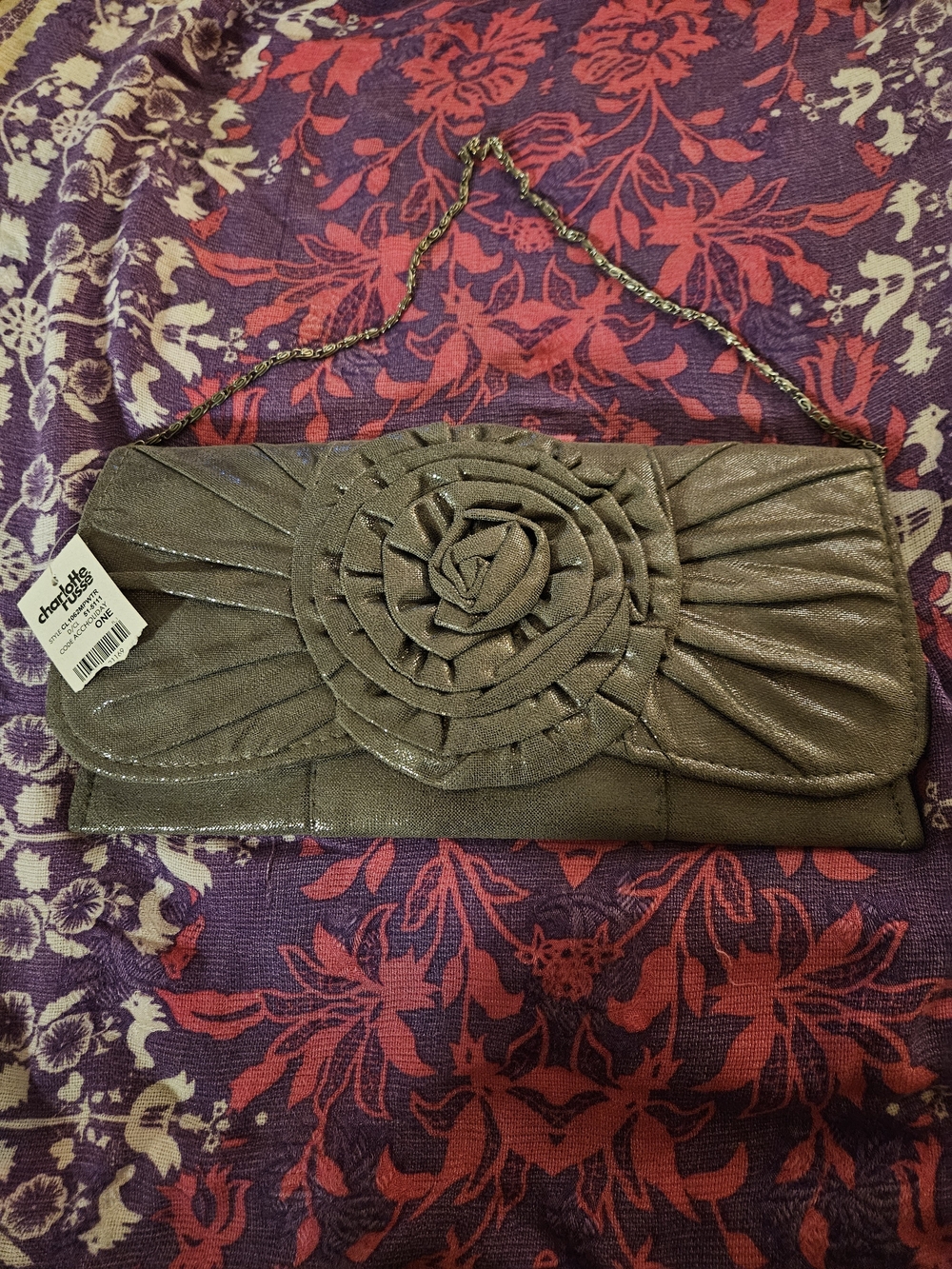 Charming Rose Appliqué Metallic Clutch - Bronze